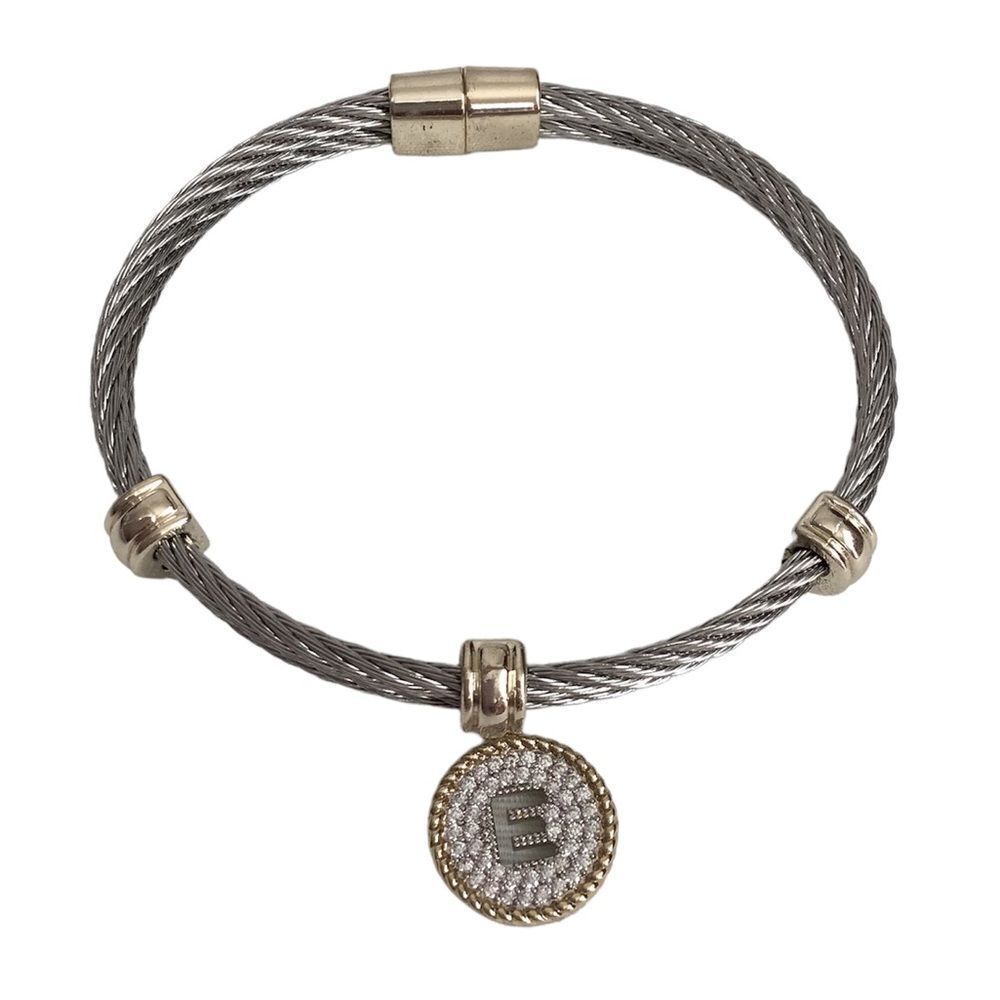 Silver Cable Initial E Bracelet Two Tone Magnetic Closure